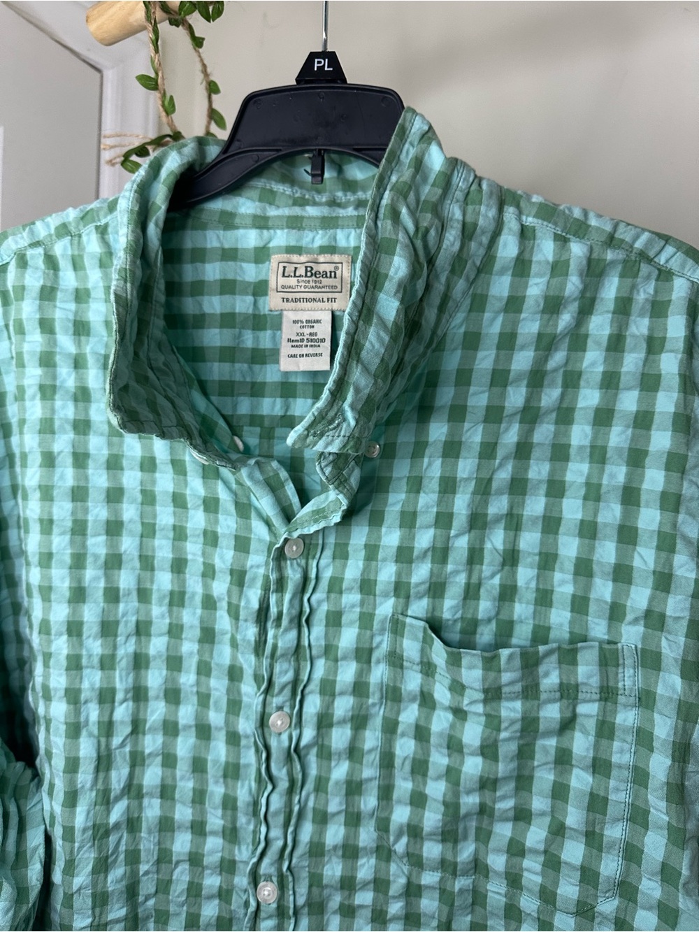 Men’s XXL | L.L. Bean Organic Cotton Seersucker Button Down Shirt Green Gingham